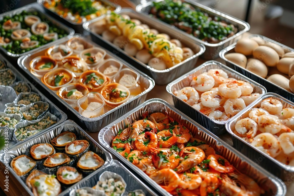 visually appealing spread of various ready-to-eat meals in foil containers on a table. visually appealing spread of various ready-to-eat meals in foil containers on a table.