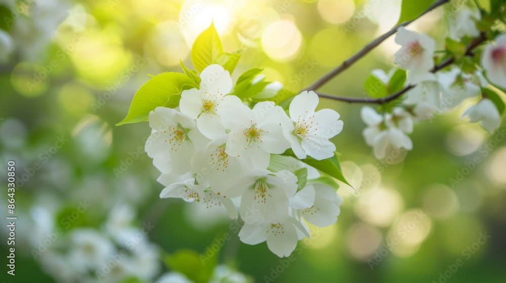 White cherry blossoms in full bloom, set against a lush green garden backdrop in spring White cherry blossoms in full bloom, set against a lush green garden backdrop in spring