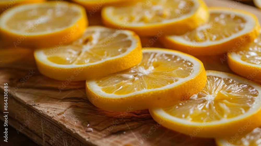 Fresh lemon slices neatly arranged on a wooden cutting board Fresh lemon slices neatly arranged on a wooden cutting board