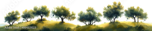 Scenic view of sunlit olive trees on gentle rolling hills, capturing the serene beauty of a Mediterranean landscape. Generative ai vector illustration. Pop art comic book style imitation