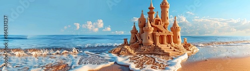 A picturesque beach scene featuring an elaborate sandcastle with multiple towers and detailed carvings, set against the backdrop of the ocean waves gently lapping at the shore unde © Fay Melronna 