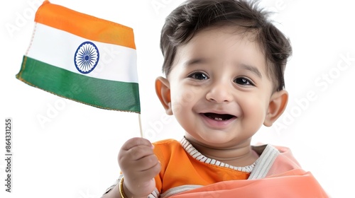 Smiling toddler holds Indian flag, symbolizing hope and patrioti photo