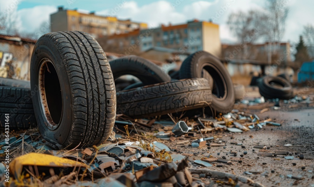Abandoned car tires and metal scraps in an industrial area Abandoned car tires and metal scraps in an industrial area