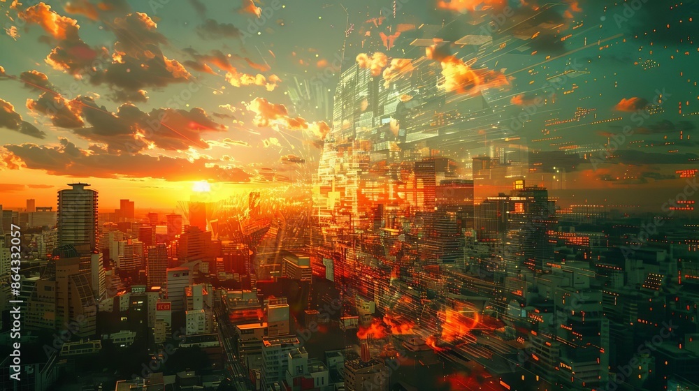 Obraz premium Stunning urban skyline at sunset blended with digital futuristic abstract elements creating a mesmerizing visual spectacle.