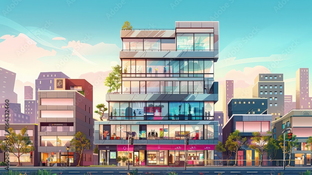 Modern Cityscape with Glass Buildings and a Vibrant Street Modern Cityscape with Glass Buildings and a Vibrant Street