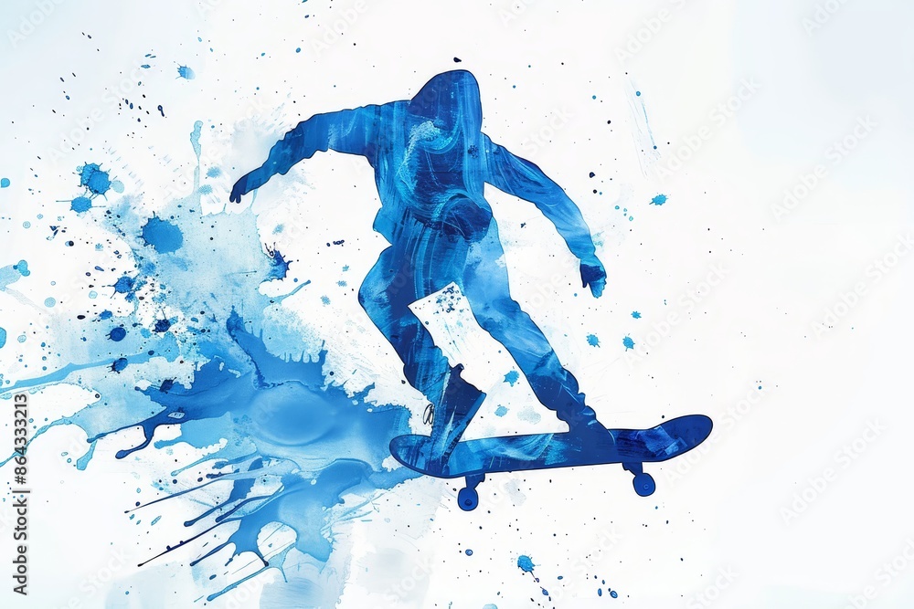 Naklejka premium Dynamic blue watercolor illustration of a skateboarder performing tricks at the Paris 2024 Olympics, highlighting the skill and energy of the sport, Generative AI