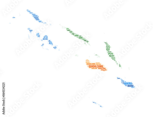 Solomon Islands region word cloud. Country shape design. Solomon Islands colored illustration. Region names collage cloud. Vector illustration.