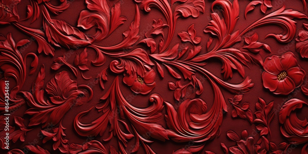 Red curly floral ornament, red gold petals textured surface, floral pattern, artistic detail, abstract banner Red curly floral ornament, red gold petals textured surface, floral pattern, artistic detail, abstract banner