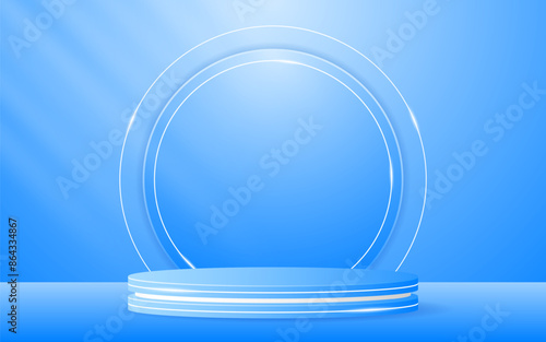 Blue podium with white lines and an blue circle on the back for product presentation. Display of cosmetic products. stage or podium. vector illustration