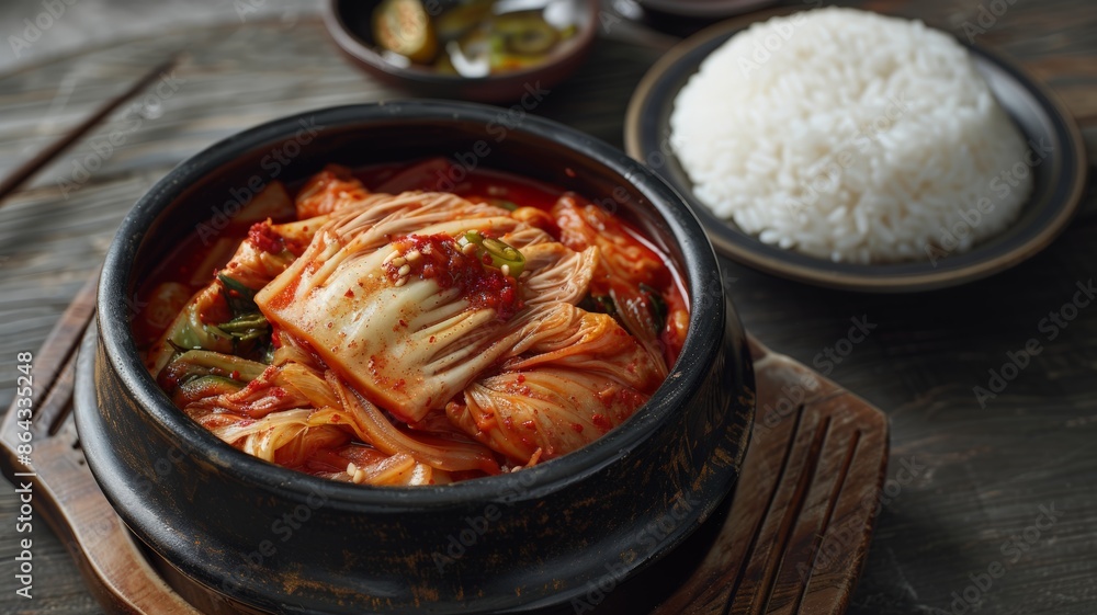Rustic Kimchi with Spicy Seasonings. A beautifully presented Kimchi, traditional Korean fermented cabbage with red chili paste, accompanied by a bowl of steamed rice in a rustic setting. Rustic Kimchi with Spicy Seasonings. A beautifully presented Kimchi, traditional Korean fermented cabbage with red chili paste, accompanied by a bowl of steamed rice in a rustic setting.