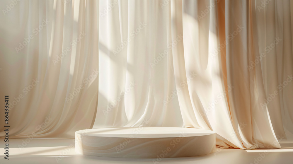 Elegant marble pedestal surrounded by flowing beige curtains, highlighted by soft natural light. Ideal for minimalist and luxurious interior concepts. Elegant marble pedestal surrounded by flowing beige curtains, highlighted by soft natural light. Ideal for minimalist and luxurious interior concepts.