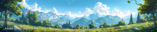 Beautiful mountain meadow under a clear blue sky, surrounded by lush greenery and distant snow-capped peaks, showcasing serene natural beauty. Generative ai vector illustration. 