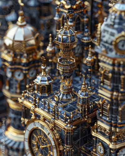 Steampunk-inspired model cityscape with intricate clock towers and detailed architectural elements, showcasing a blend of Victorian elegance and sci-fi. © AlexCaelus