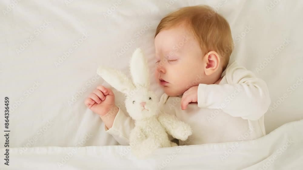 A baby boy sleeps under a blanket in a white bodysuit on the bed with his hand folded under his cheek and holding a soft toy, a sweet healthy baby sleep at home A baby boy sleeps under a blanket in a white bodysuit on the bed with his hand folded under his cheek and holding a soft toy, a sweet healthy baby sleep at home