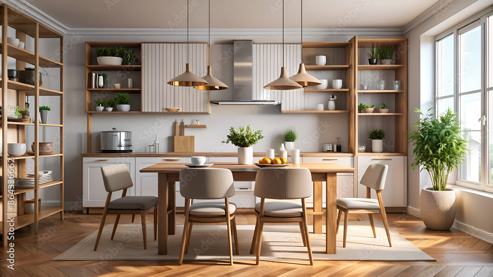 Elegant kitchen interior with eating table and chairs, shelf and mockup frame Elegant kitchen interior with eating table and chairs, shelf and mockup frame