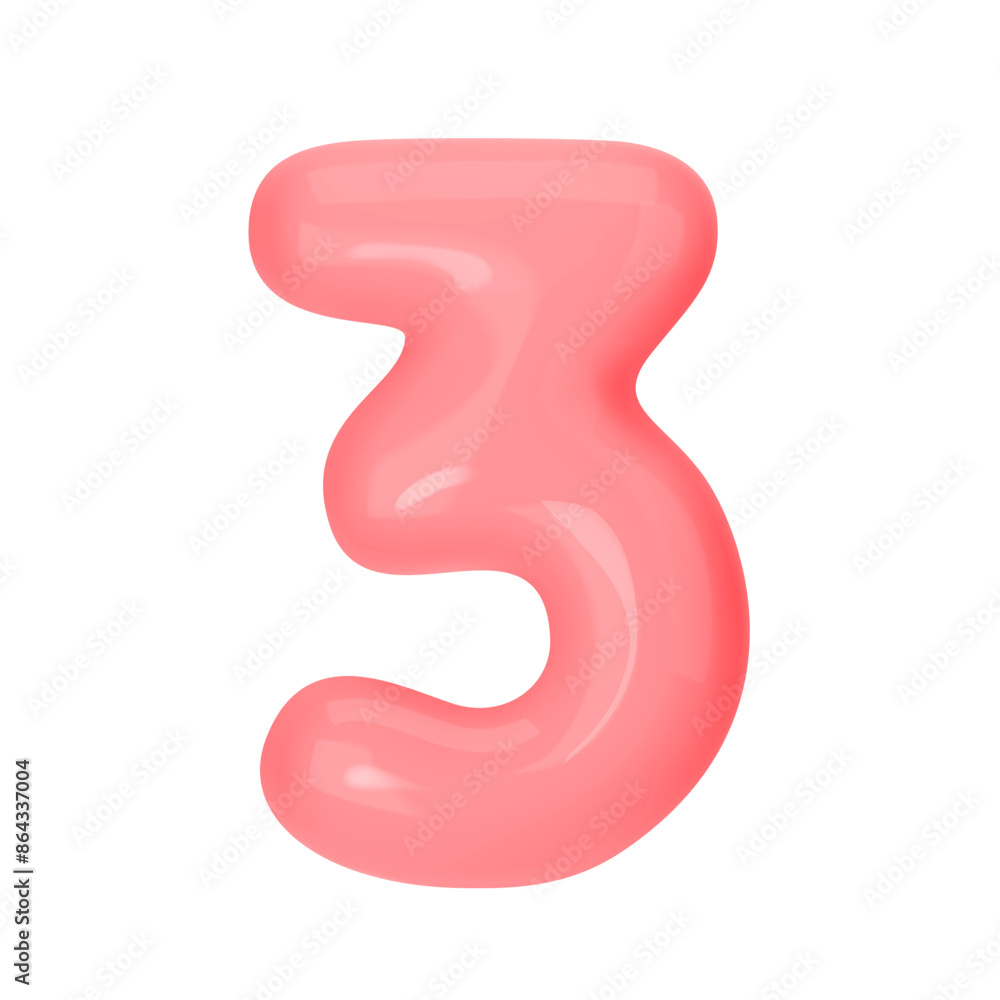 Numeral 3 - Pink Plastic Balloon Number three Isolated on White Background. 3D Style Vector Illustration Numeral 3 - Pink Plastic Balloon Number three Isolated on White Background. 3D Style Vector Illustration