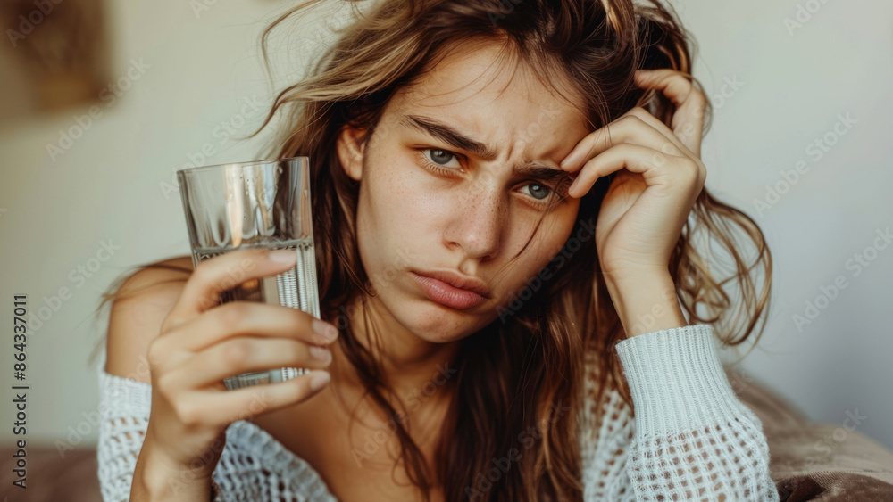 Woman feeling unwell holding a glass of water
Woman feeling unwell holding a glass of water