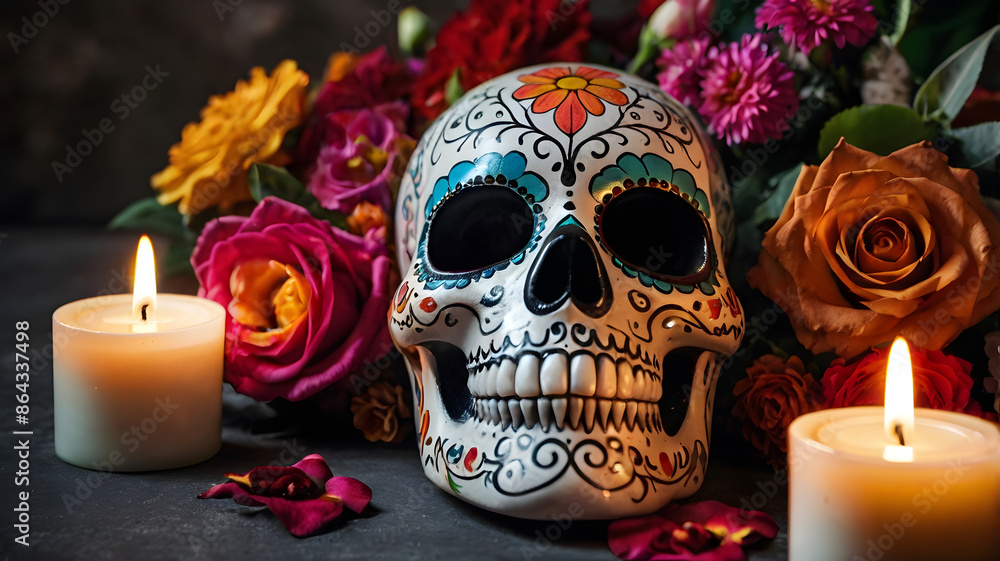 Generative AI 3D Rendered Calavera (Sugar Skull) in a traditional style for Dia de Los Muertos (Day of the dead). Flowers and skeleton computer generated to replicate photorealism and hyperrealism Generative AI 3D Rendered Calavera (Sugar Skull) in a traditional style for Dia de Los Muertos (Day of the dead). Flowers and skeleton computer generated to replicate photorealism and hyperrealism
