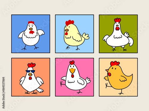 Set of chicken, rooster, hen, cartoon poultry farm animal collection hand drawn vector illustration. Ouline vintage style. Livestock pet domestic animal.