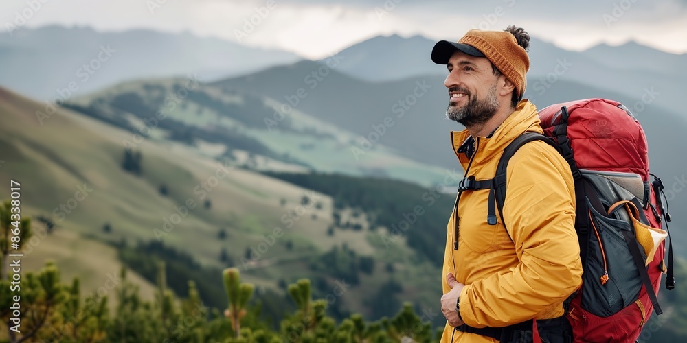Happy hiker with beard against mountain range backdrop. Happy hiker with beard against mountain range backdrop.