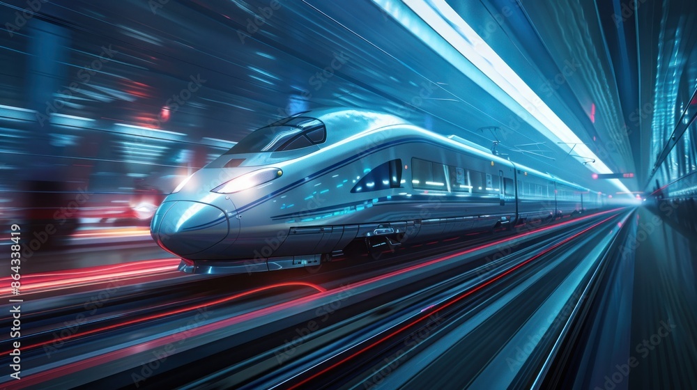 Futuristic train speeding through a cityscape at night. Futuristic train speeding through a cityscape at night.