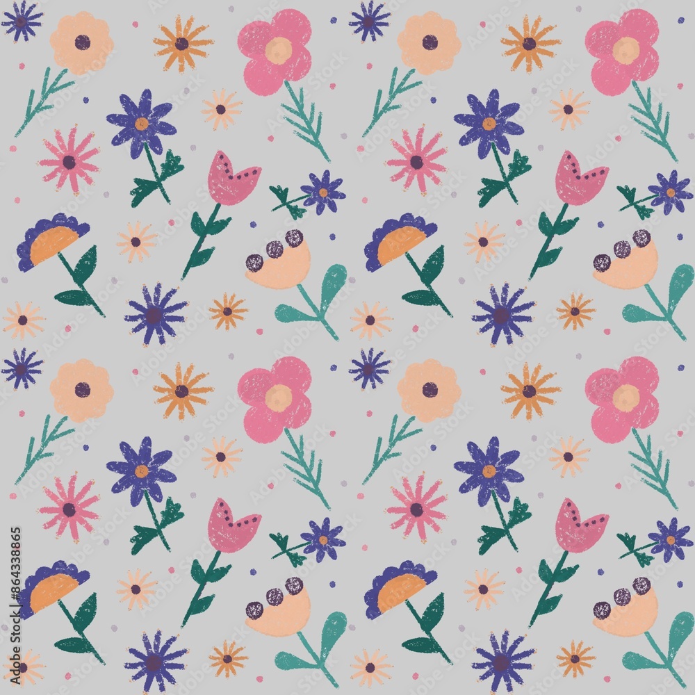 Fototapeta premium A fun hand-drawn pattern of colorful wildflowers, on a gray background, perfect for printing 