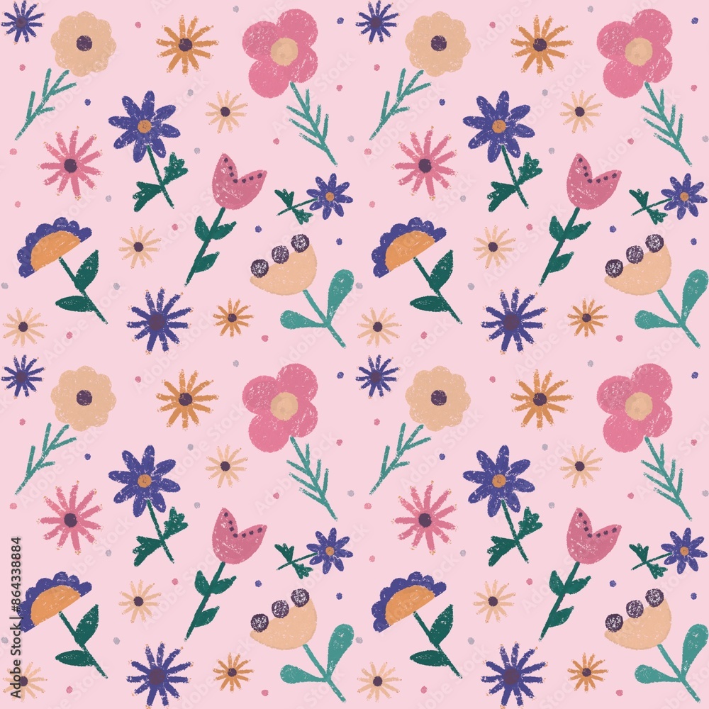 Fototapeta premium A fun hand-drawn pattern of colorful wildflowers, on a pink background, perfect for printing 