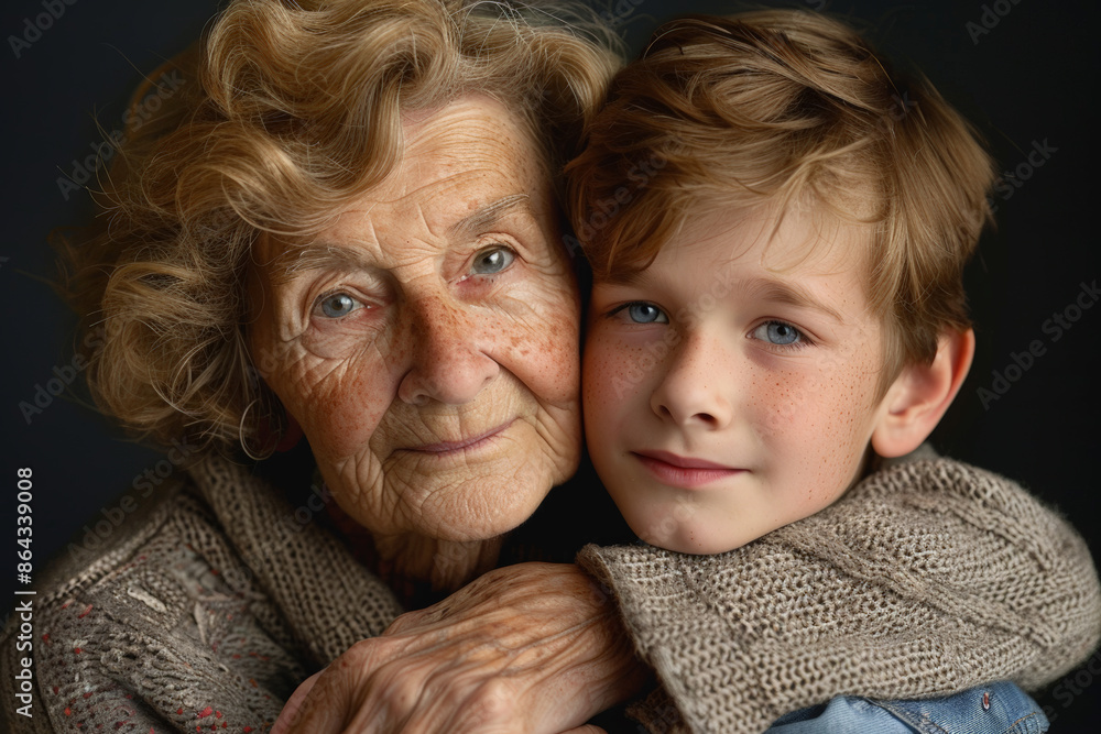 Head and shoulders portrait of grandmother and grandson looking at camera against dark background in studio, closeup. Head and shoulders portrait of grandmother and grandson looking at camera against dark background in studio, closeup.