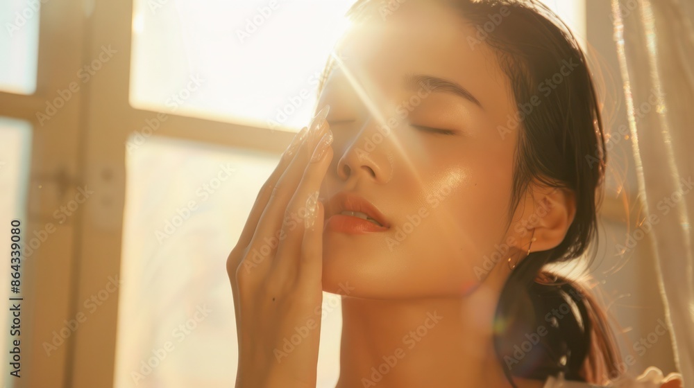 Naklejka premium a scene depicting a confident and serene beauty Asian woman as she applies hyaluronic serum to her face. 