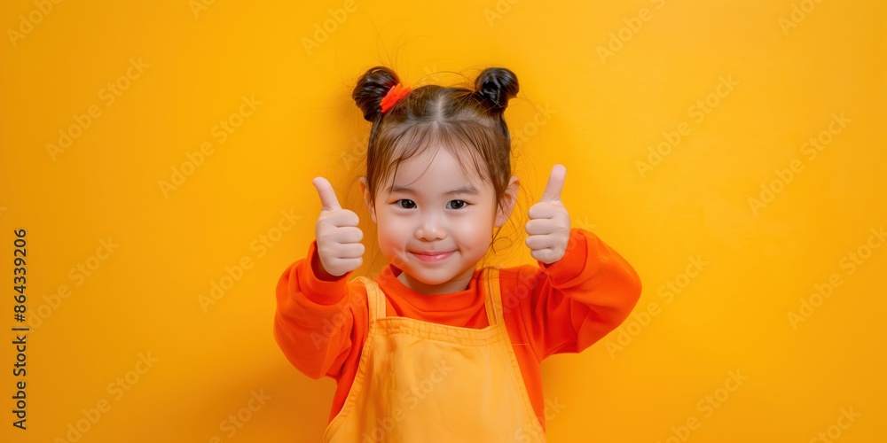 Happy Asian Girl in Orange Outfit Giving Double Thumbs Up Against Bright Yellow Background with Ample Copy Space Happy Asian Girl in Orange Outfit Giving Double Thumbs Up Against Bright Yellow Background with Ample Copy Space