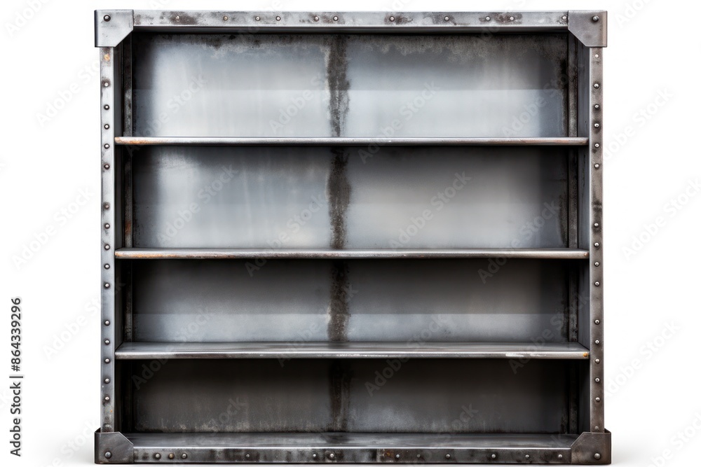 A metal industrial bookshelf with a distressed finish and exposed rivets. A metal industrial bookshelf with a distressed finish and exposed rivets.