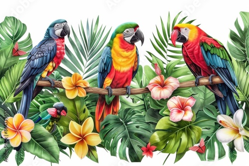 Three colorful parrots are perched on a branch in a lush tropical forest