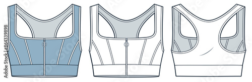 Sports Bra technical fashion illustration. Zipped Crop Top fashion flat technical drawing template, square neck, slim fit, front and back view, white, blue, women Top CAD mockup set.