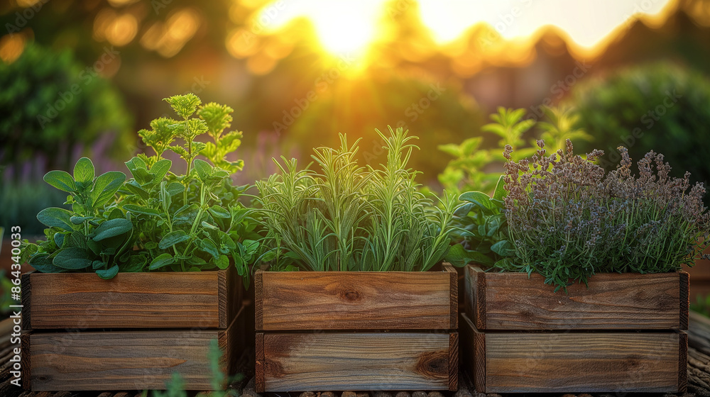 Serene Urban Garden: Wooden Raised Bed with Herbs like Lavender, Thyme, and Rosemary under Sunset Light in City Setting. Serene Urban Garden: Wooden Raised Bed with Herbs like Lavender, Thyme, and Rosemary under Sunset Light in City Setting.