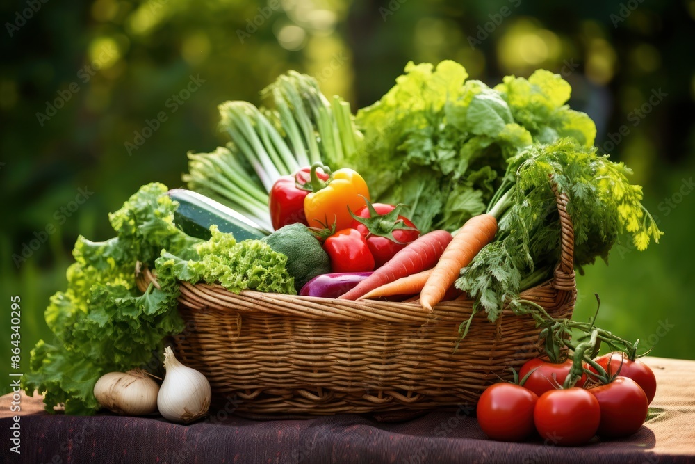 A rustic wicker basket overflowing with freshly harvested vegetables and herbs. A rustic wicker basket overflowing with freshly harvested vegetables and herbs.