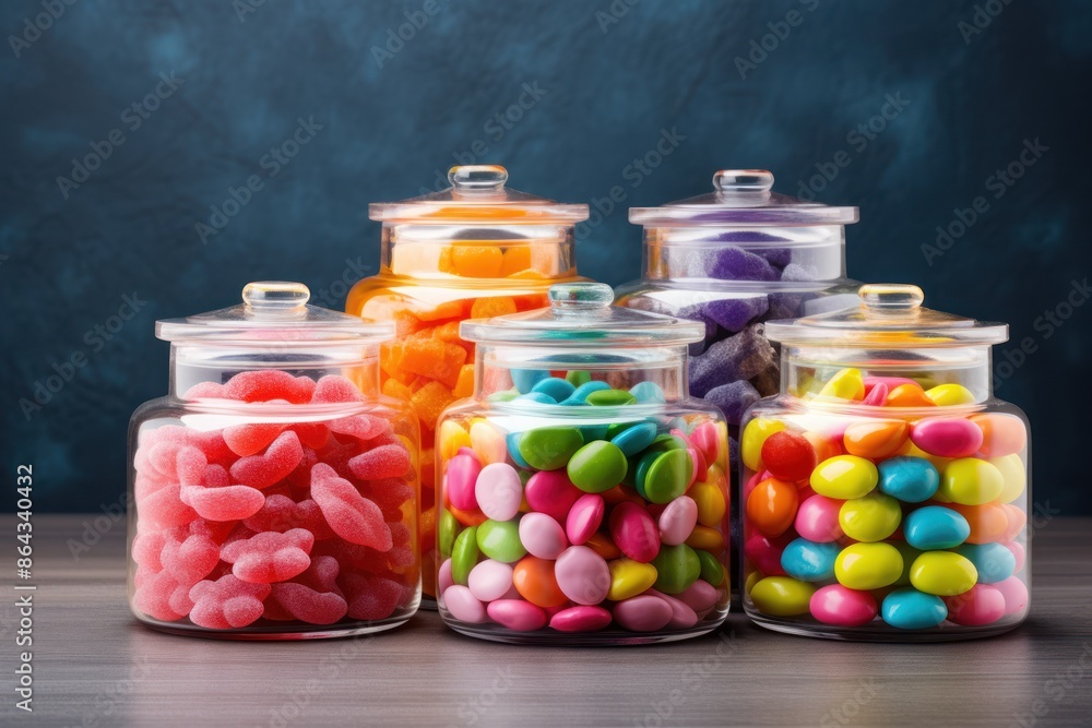 A set of stacking glass jars with airtight lids, filled with colorful candies.