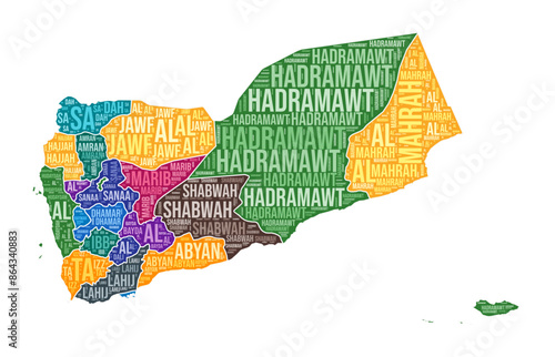 Yemen shape. Country word cloud with region division. Yemen colored illustration. Region names cloud. Vector illustration. photo