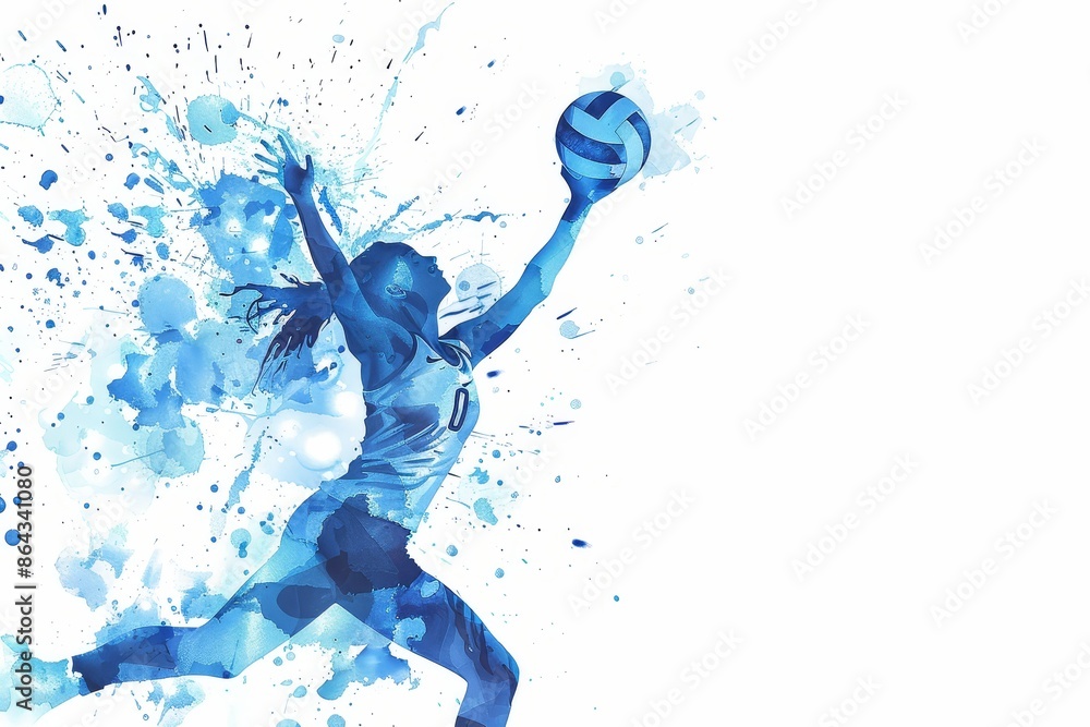 Fototapeta premium Artistic watercolor depiction of volleyball players in action at the Paris 2024 Olympics, showcasing dynamic movement and competitive spirit