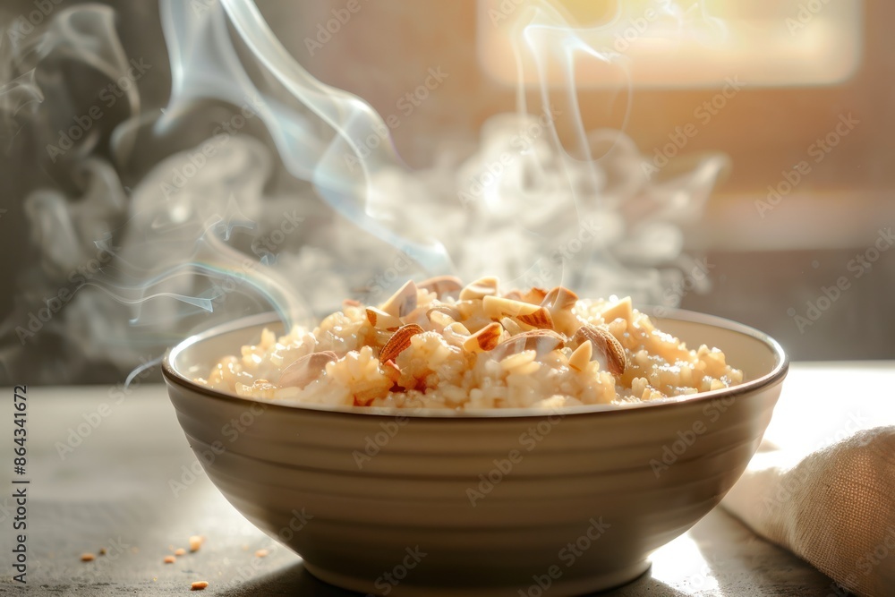 Brown rice porridge with almonds On a white background, showing hot smoke. Brown rice porridge with almonds On a white background, showing hot smoke.