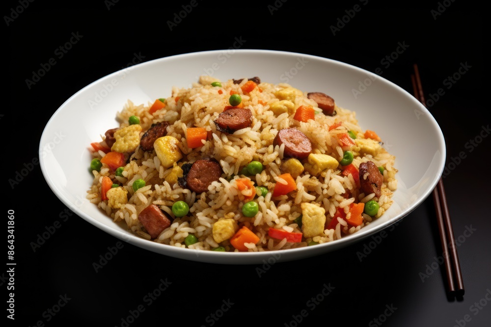 Chinese style fried rice Isolated components on a white background. Grain, vegetables, and meat are clearly shown. Chinese style fried rice Isolated components on a white background. Grain, vegetables, and meat are clearly shown.