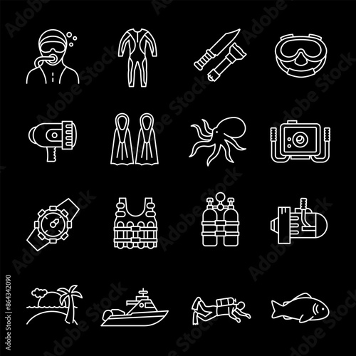 Diving, white line icons. Scuba diving, submersion, and tools for underwater research. marine and adventure themes. Symbols on black background. Editable stroke.