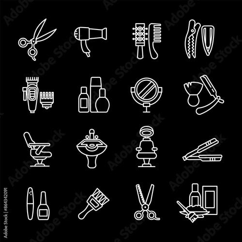 Beauty salon, white line icons. Barbershop and beauty services, hair and skincare. Ideal for wellness and fashion themes. Symbols on black background. Editable stroke.