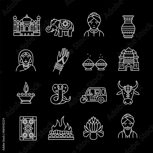 India, white line icons. Icons representing Indian attractions and cultural symbols. Ideal for travel and cultural themes. Symbols on black background. Editable stroke.