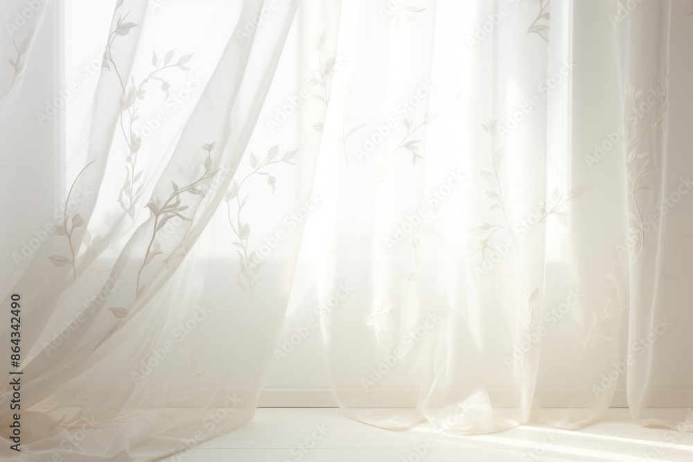 Elegant white sheer curtains adorned with intricate embroidery, adding a touch of sophistication to a bedroom. Isolated on white background. Elegant white sheer curtains adorned with intricate embroidery, adding a touch of sophistication to a bedroom. Isolated on white background.