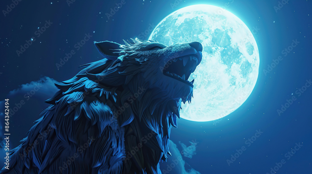 Obraz premium 3d Cartoon werewolf howling at the full moon on isolate