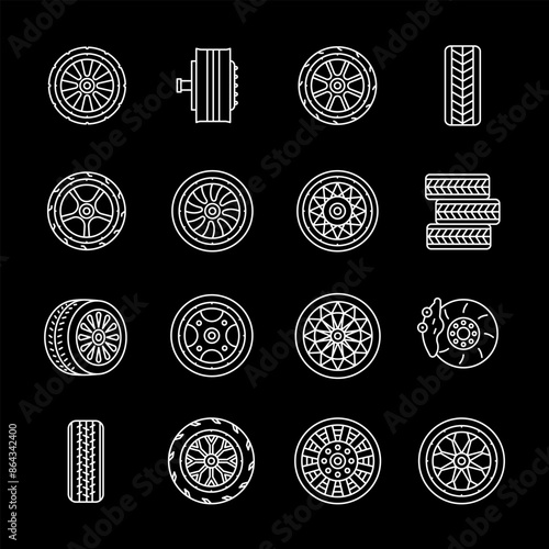 Tires and wheels, white line icons. Car wheels, tires, and rims in various shapes. Ideal for automotive and transportation themes. Symbols on black background. Editable stroke.