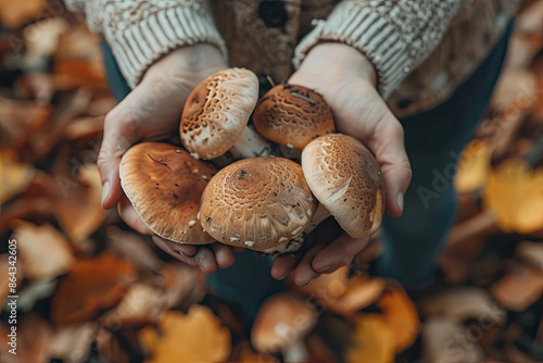 Autumn Mushroom Foraging: Hands Holding Fresh Harvest in Nature photo