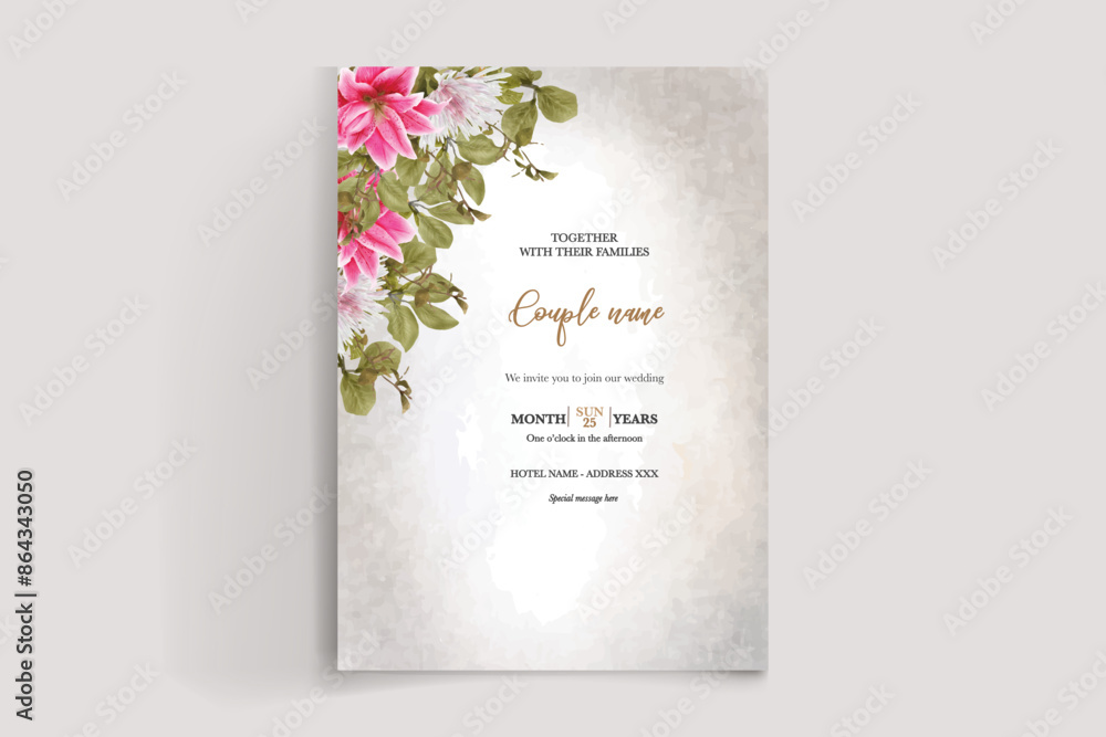 WEDDING INVITATION FRAME WITH FLOWER DECORATIONS AND FRESH LEAVES WEDDING INVITATION FRAME WITH FLOWER DECORATIONS AND FRESH LEAVES