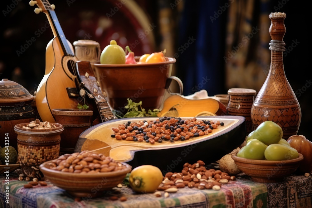 La Elaj Festival: presents various kinds of sweet and savory food, musical instruments, swords, representing the cultural traditions of Muslims. La Elaj Festival: presents various kinds of sweet and savory food, musical instruments, swords, representing the cultural traditions of Muslims.