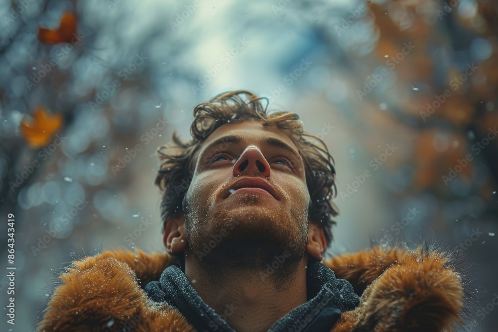 A person wearing a fur-trimmed coat, standing outdoors among snowflakes and autumn leaves, capturing the essence of the changing seasons and the chill in the air. A person wearing a fur-trimmed coat, standing outdoors among snowflakes and autumn leaves, capturing the essence of the changing seasons and the chill in the air.